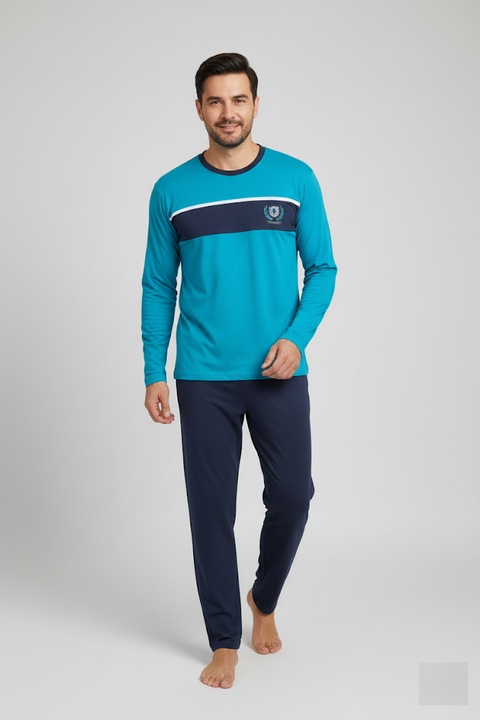 Hosszú pamut férfi pizsama, kék felső, fekete nadrág 11629, Kék