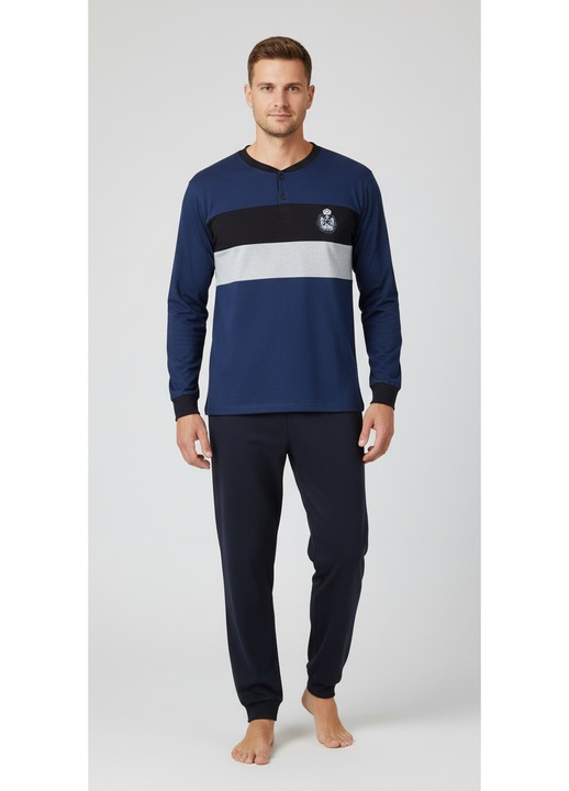 Pijama lunga bumbac pentru barbati, bluza bleumarin, pantaloni negru 11625, Bleumarin