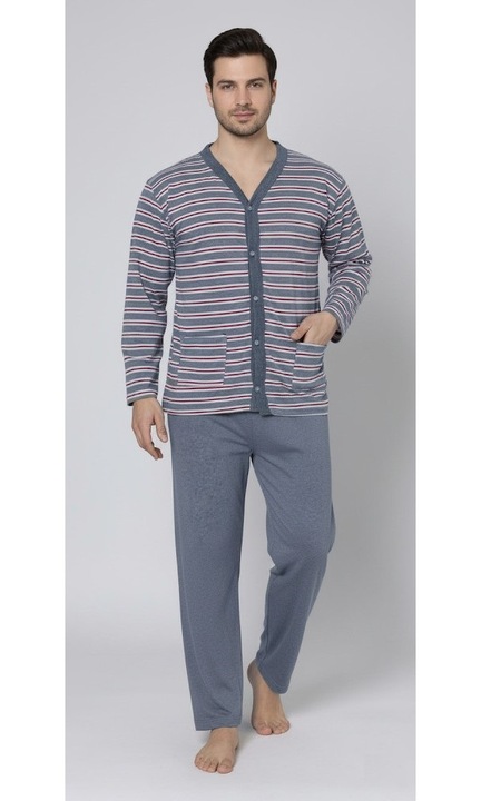 Férfi pamut pizsama, nagy méret, hosszú ujjú és nadrágos, csíkos, szürke 16114 11739, Szürke