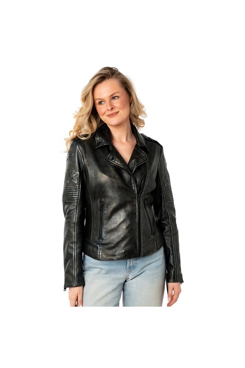 Дамско кожено яке Mauritius черно/сребристо MWWona, Черен