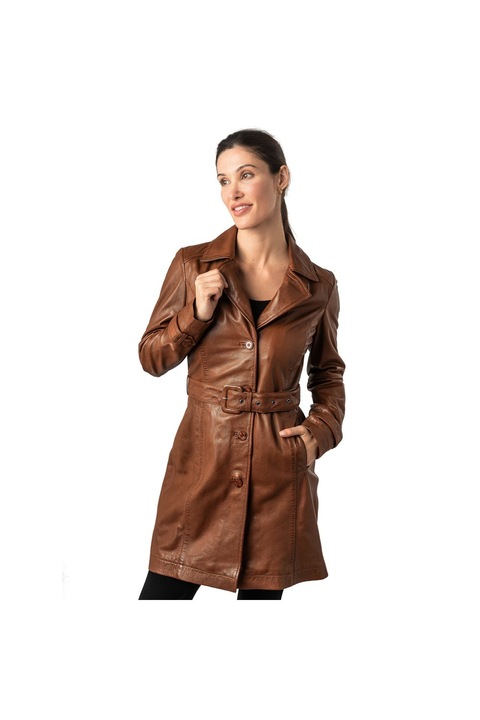 Hosszú bőrkabát női Mauritius Konyak MWLeonne, Konyakbarna, M