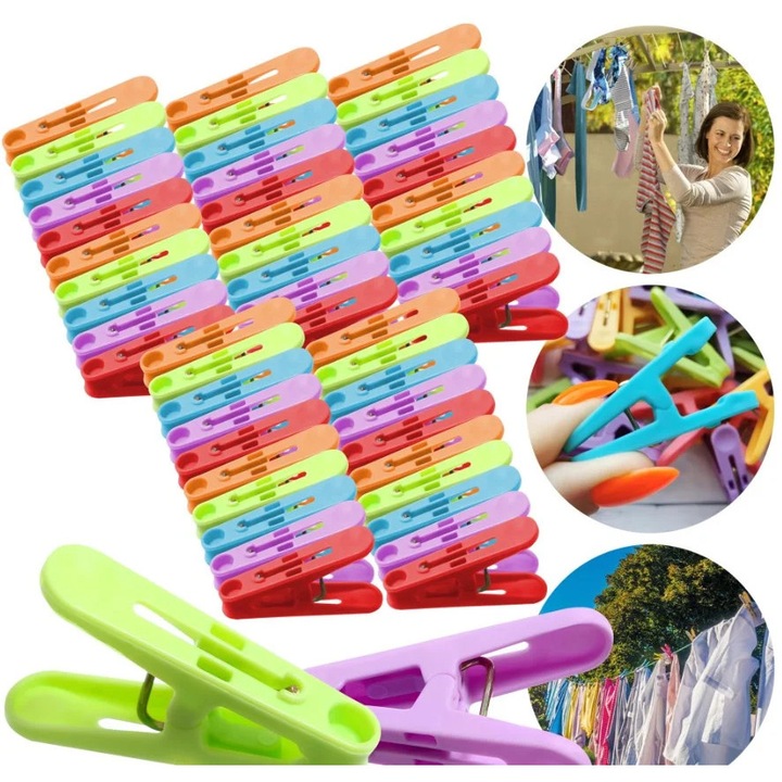 Set 100 clești de rufe KOTYS, design anti-alunecare, portabil, multicolor, 5cm