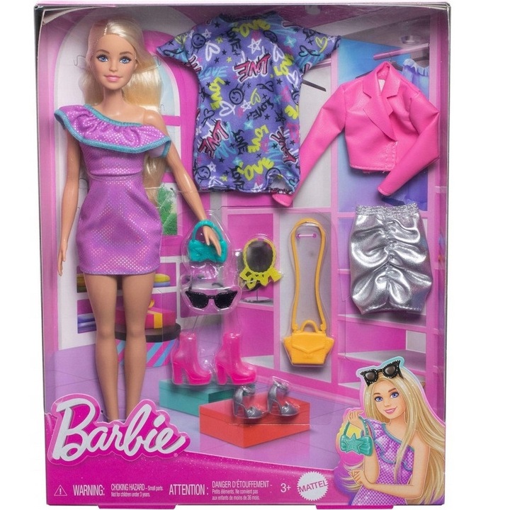 Set papusa Barbie Fashion, Mattel, 3 tinute, rochie verde, blazer roz, 33x26x7cm