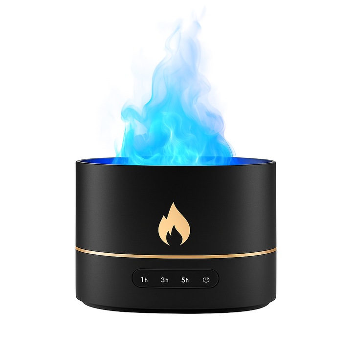 Овлажнител с реалистичен ефект на пламък и ароматерапия – Арома дифузер с амбиентна светлина, регулируем таймер (1ч/3ч/5ч), защита при липса на вода, модерен дизайн за спалня, всекидневна или офис