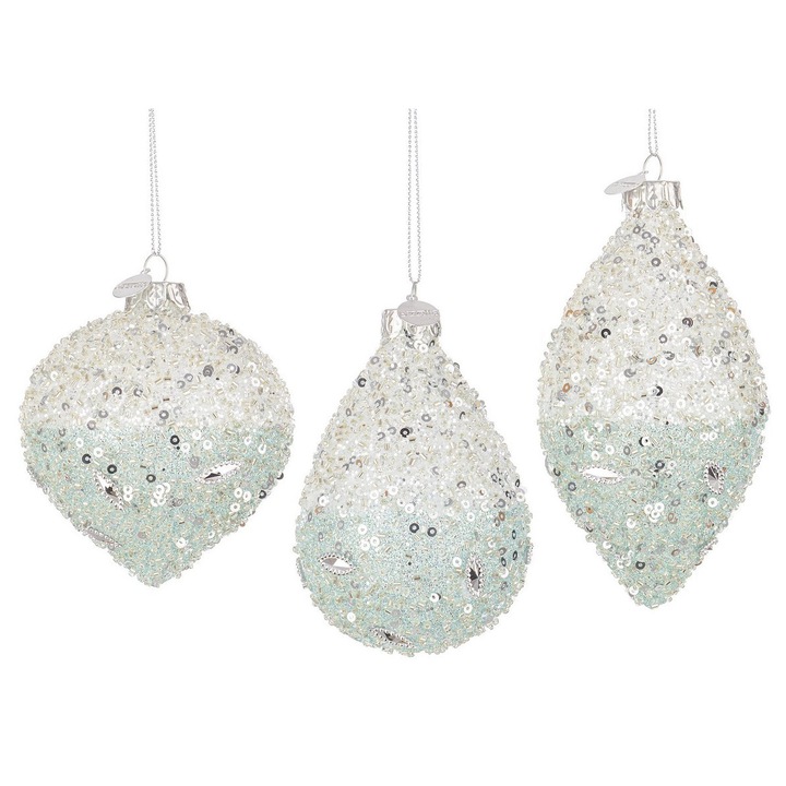 Set 12 globuri brad Craciun sticla argintie verde paiete Clarisse 6,8x10,3h; 7,7x9h; 6,5x12,7h