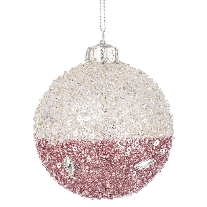 Set 12 globuri brad Craciun sticla argintie roz paiete Clarisse Ø 8 cm