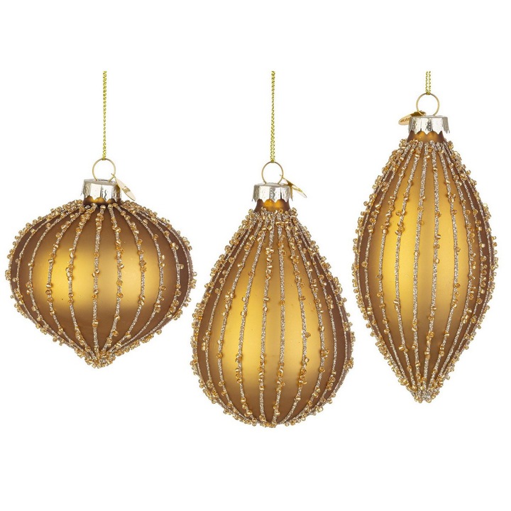 Set 12 globuri brad Craciun sticla caramel String 7x7x10,8h; 7,9x7,9x8,2h; 6,2x6,2x13h