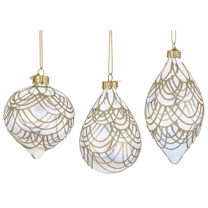Set 12 globuri brad Craciun sticla irizata sclipici auriu Prism 6,8x6,8x10,3h 7,7x7,7x9h 6,5x6,5x12,7h