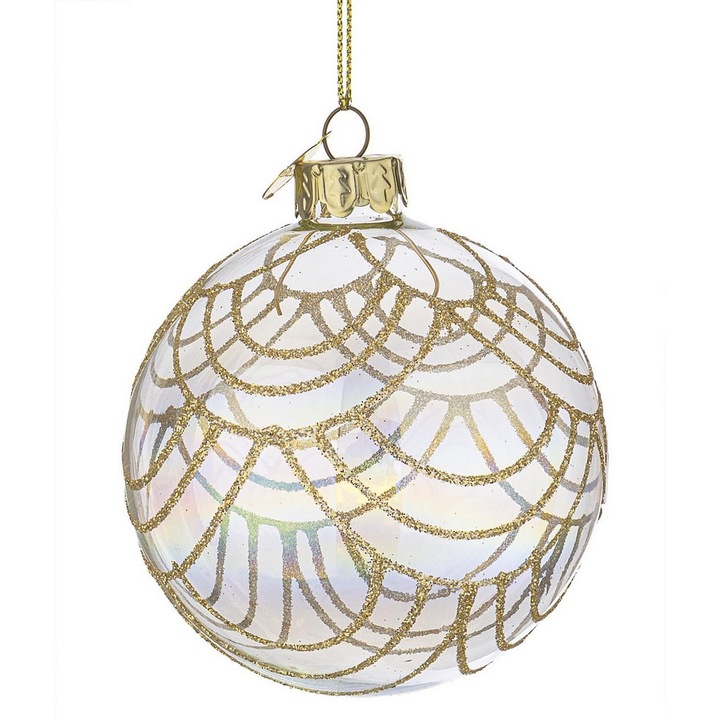 Set 12 globuri brad Craciun sticla irizata sclipici auriu Prism Ø 8 cm