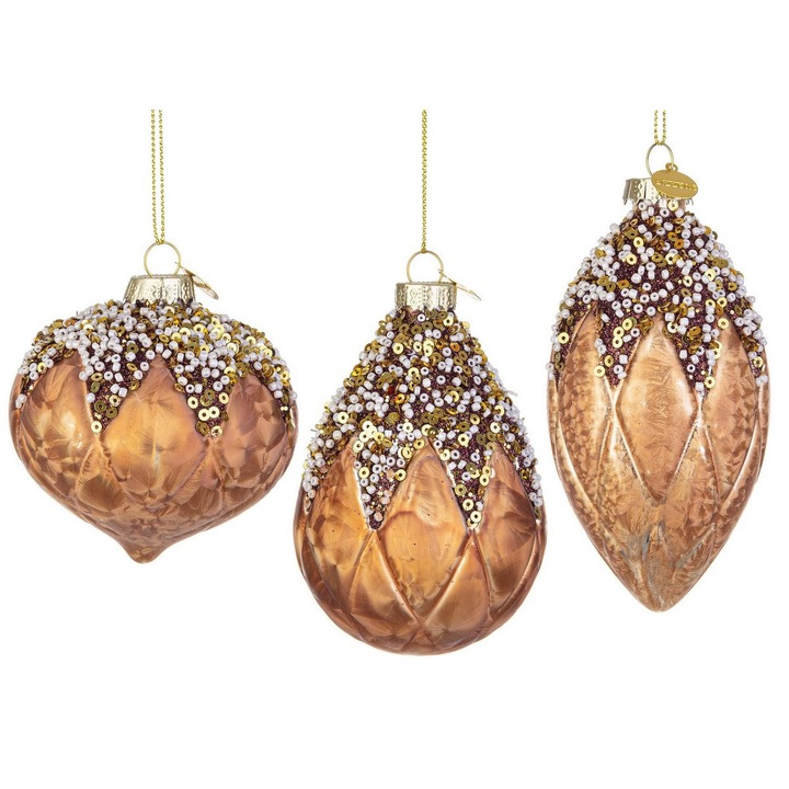 Set 12 globuri brad Craciun sticla maro Aleixa 7x7x10h; 8x8x8h; 6x6x12h