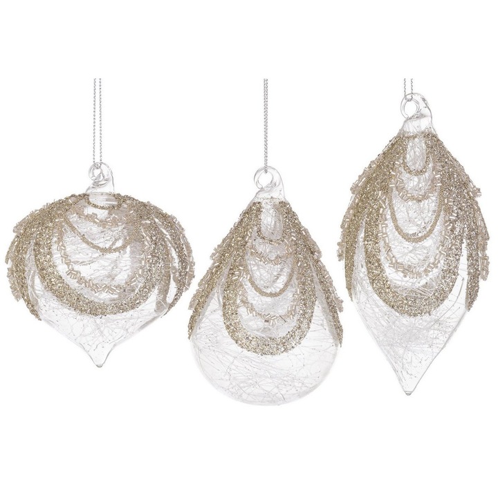 Set 12 globuri brad Craciun sticla transparenta sclipici auriu Locket 7,1x7,1x10,5h; 8x8x9,1h; 6,8x6,8x13h