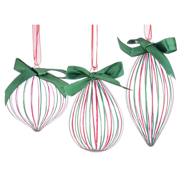 Set 12 globuri brad Craciun sticla verde roz Stripe 7x7x10,8h; 7,9x7,9x8,3h; 6,2x6,2x13,5h