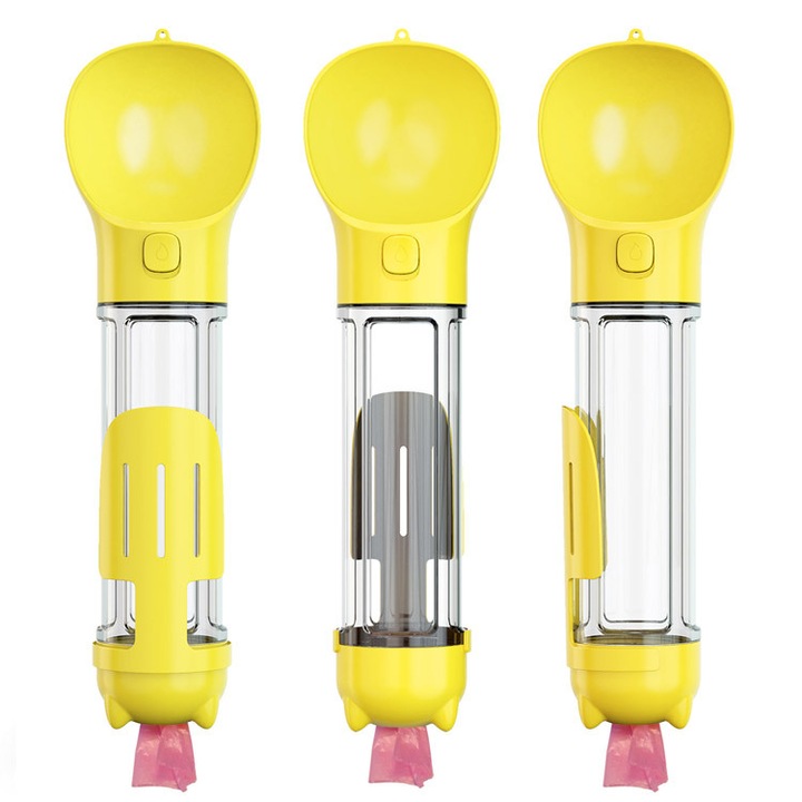 Sticla de apa pentru caini si pisici, recipient portabil 4 in1 cu bol pentru apa, hrana, pungi igienice, design modular, anti-scurgere, ideala pentru plimbari, calatorii, excursii, animale de talie mica si medie, 500ml, galben