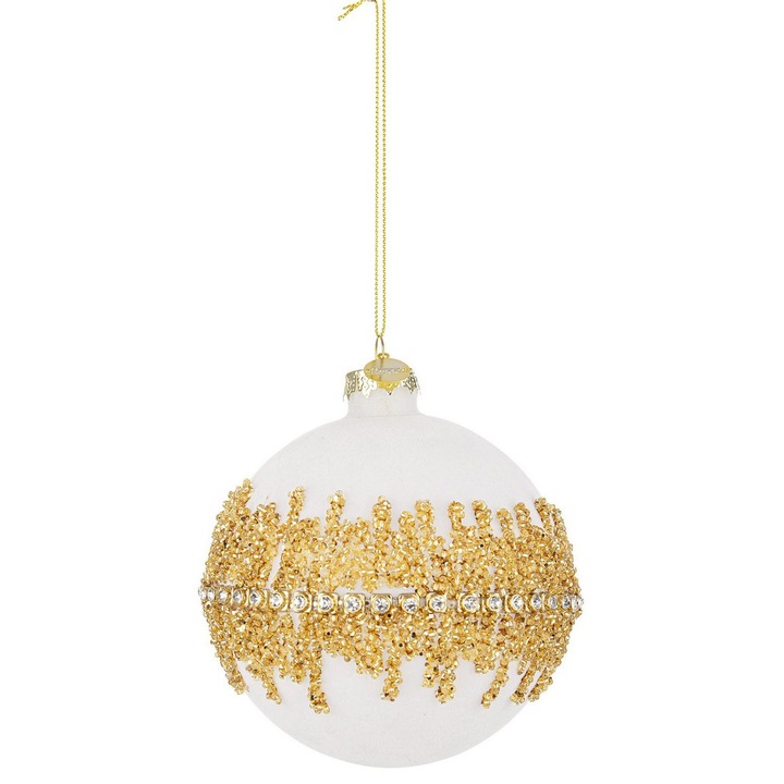 Set 8 globuri brad Craciun sticla catifea alba sclipici auriu Luxury Ø 10 cm
