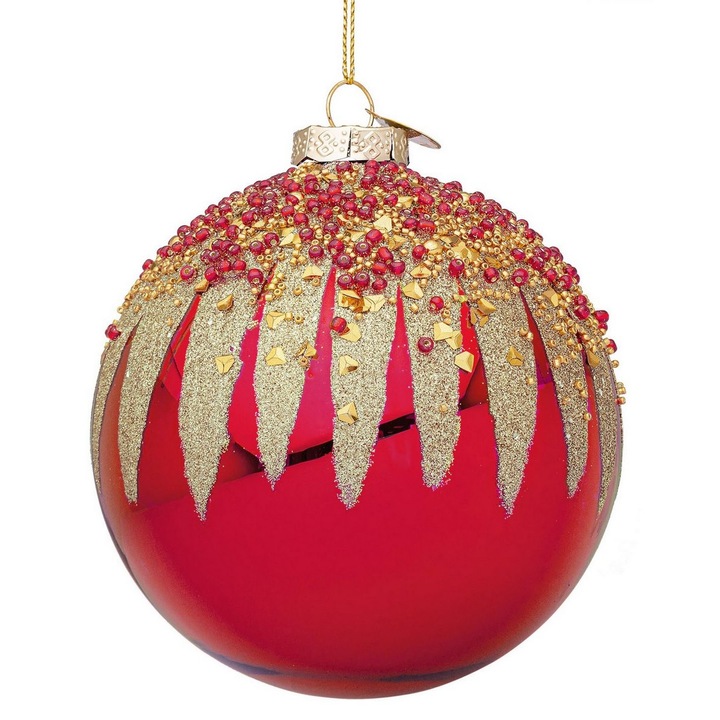 Set 8 globuri brad Craciun sticla rosie sclipici auriu Firework Ø 10 cm