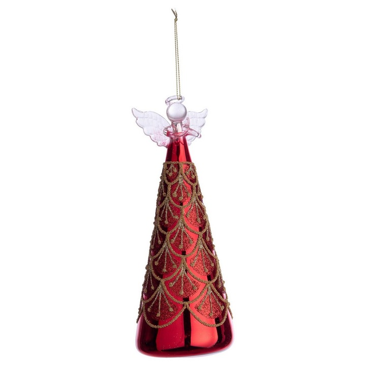 Set 8 ornamente brad Craciun Inger sticla rosie sclipici auriu Winslows Ø8,3x21h