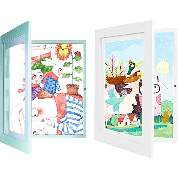 Set de 2 rame foto artistice pentru copii, dimensiuni A4 si 8 inci, rama foto artistica cu balamale pentru desene pentru copii