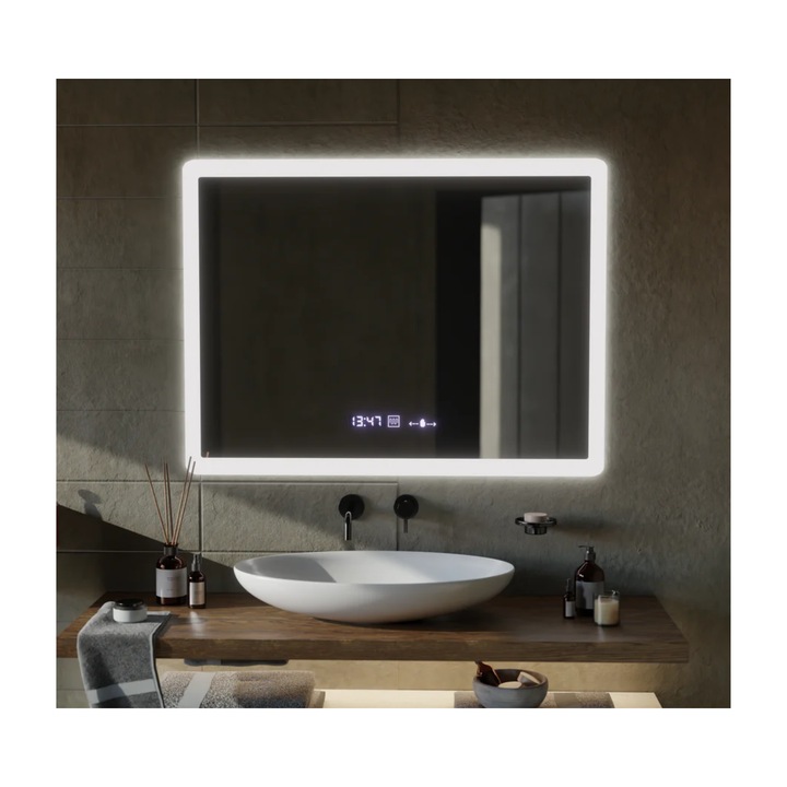 Oglinda LED Rectangulara, 80x60cm, Zampa Senzor MotionGlow Marcello, Sistem Dezaburire, Ceas & Termometru, Dimabila