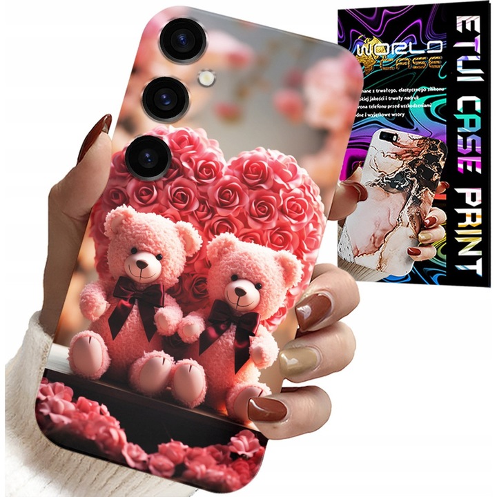 Carcasa pentru telefon, World Case, Samsung Galaxy S24 Plus, silicon, roz teddy bear family heart, cu sticlă