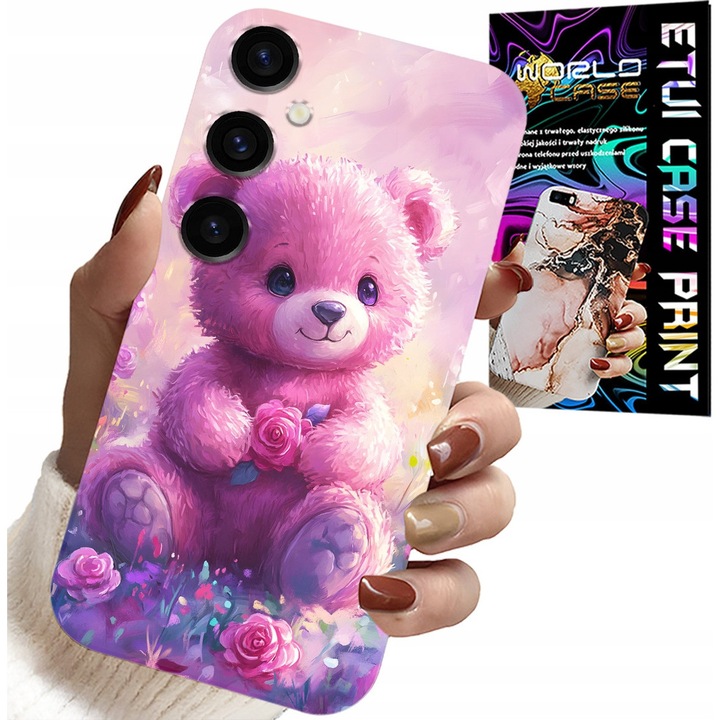 Tok Samsung Galaxy M15 5G-hez, World Case, mackó rózsaszín háttéren, szilikon, üvegkészlettel