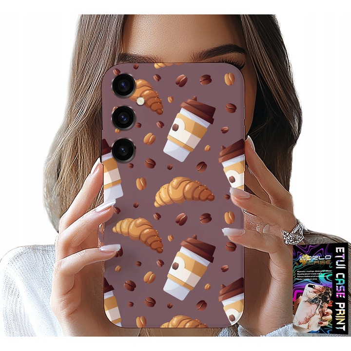 Caz pentru telefon Samsung Galaxy A55 5G, World Case, silicon, imprimare cafea croissante și fasole, multicolor