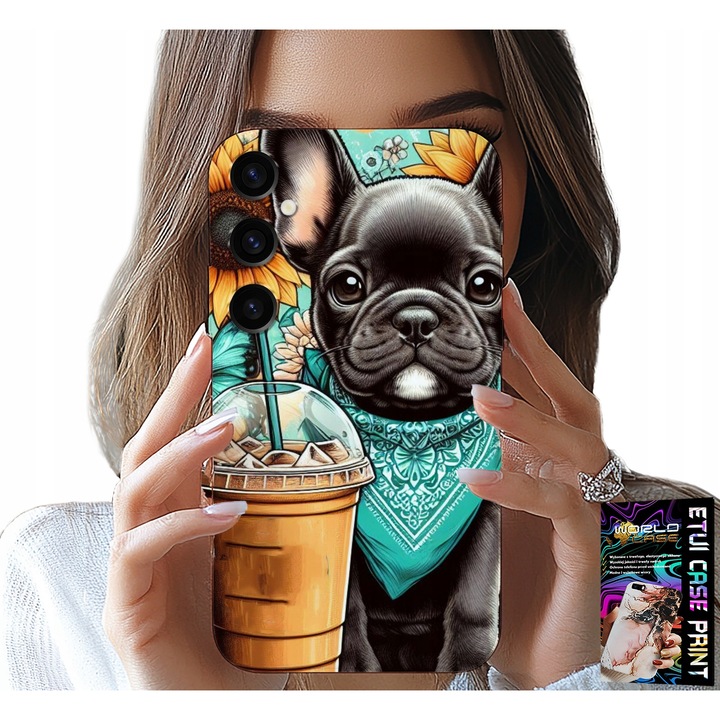 Caz pentru Samsung Galaxy A55 5G, World Case, Bulldog Coffi, Floarea Soarelui, Silicon