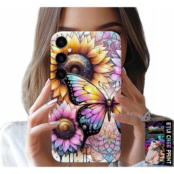 Husă pentru telefon Samsung Galaxy A54 5G, World Case, floarea soarelui cu fluture, set cu folie, silicon