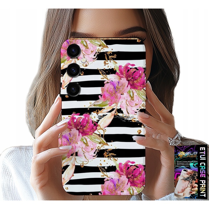 Husă pentru Samsung Galaxy A55 5G, World Case, model floral cu dungi albe și negre, silicon