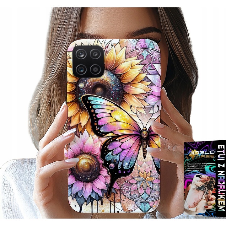 Husă pentru telefon Samsung Galaxy A22 4G, World Case, floarea soarelui cu fluture, set husa + film