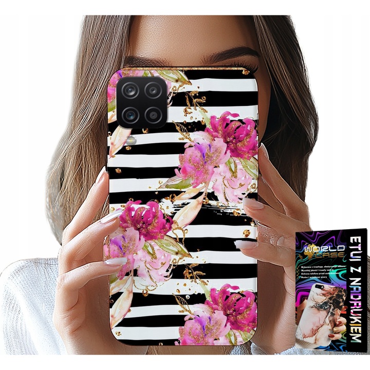 Samsung Galaxy A22 5G telefon tok, World Case, virágos fekete-fehér csíkos, szilikon