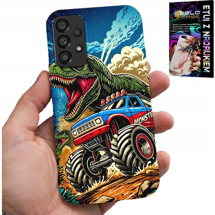 Caz pentru telefon, World Case, Samsung Galaxy A72, dinosaur în monstertruck, silicon, multicolor