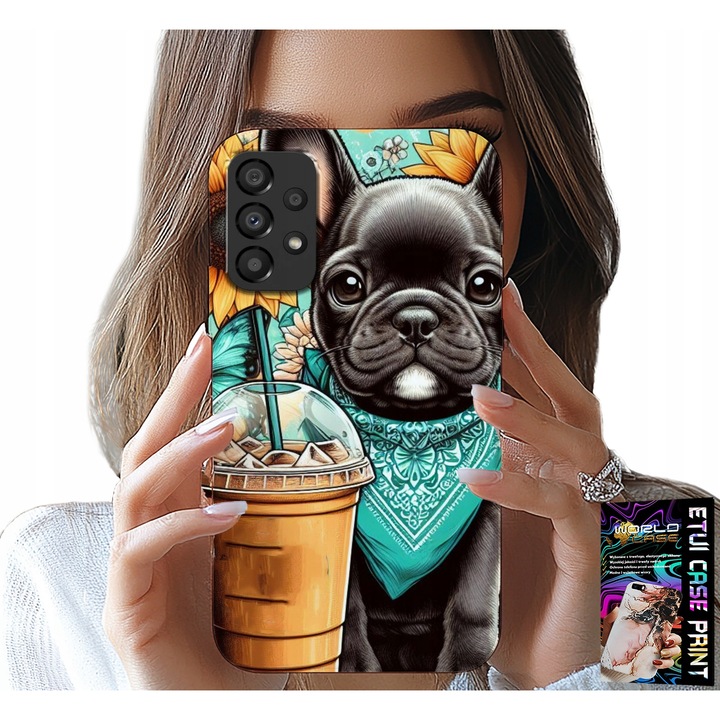 Caz telefon Samsung Galaxy A72, World Case, design Bulldog Coffi Dragoste, Floarea Soarelui, multicolor, silicon