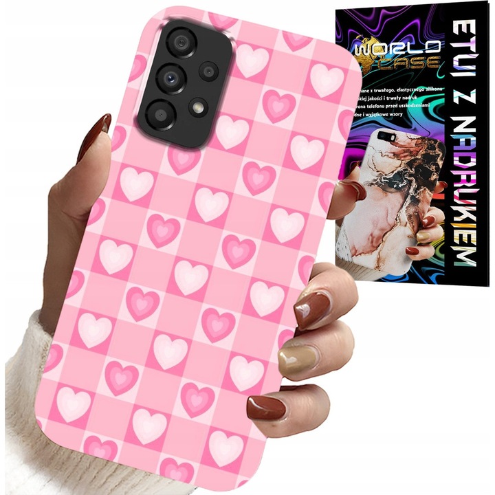 Carcasa pentru Samsung Galaxy A72, World Case, roz cu inimioare, silicon, set cu sticlă