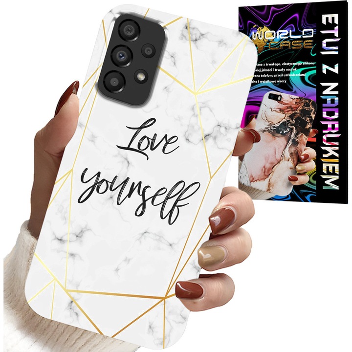 Husă pentru telefon, World Case, Samsung Galaxy A72, marmură albă cu rame aurii, silicone