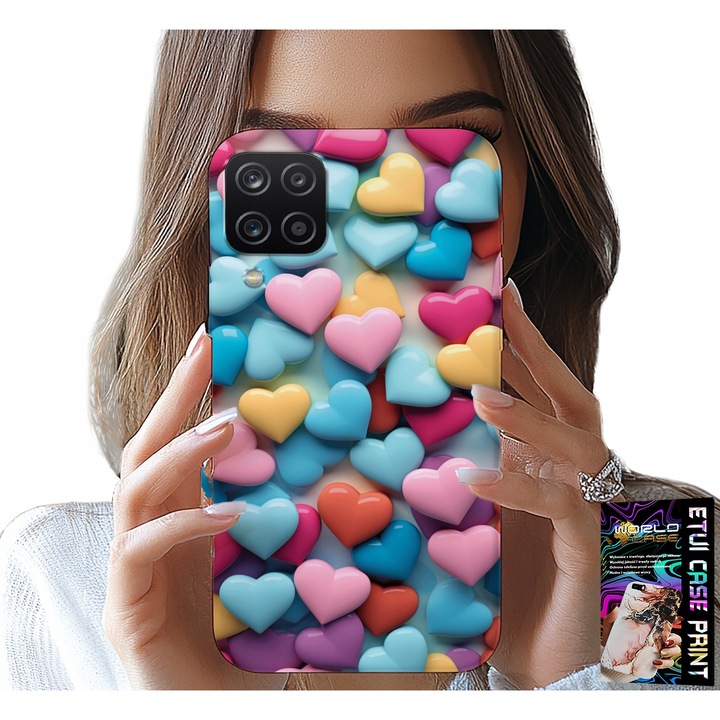 Husă personalizabilă pentru Samsung A12/M12, World Case, cauciuc, imprimeu inimii colorate, dimensiuni standard