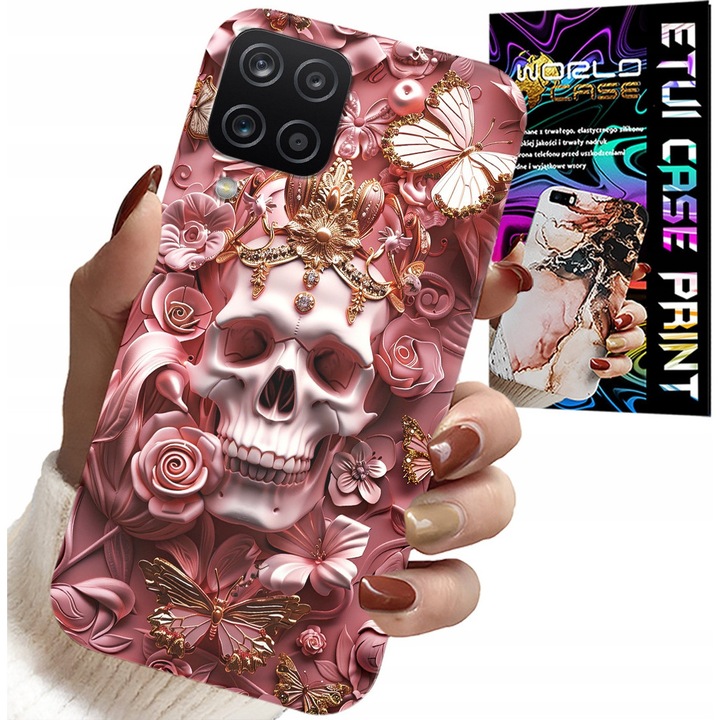 Samsung A12/M12 telefontok, World Case, koponya rózsákkal, szilikon, női modell