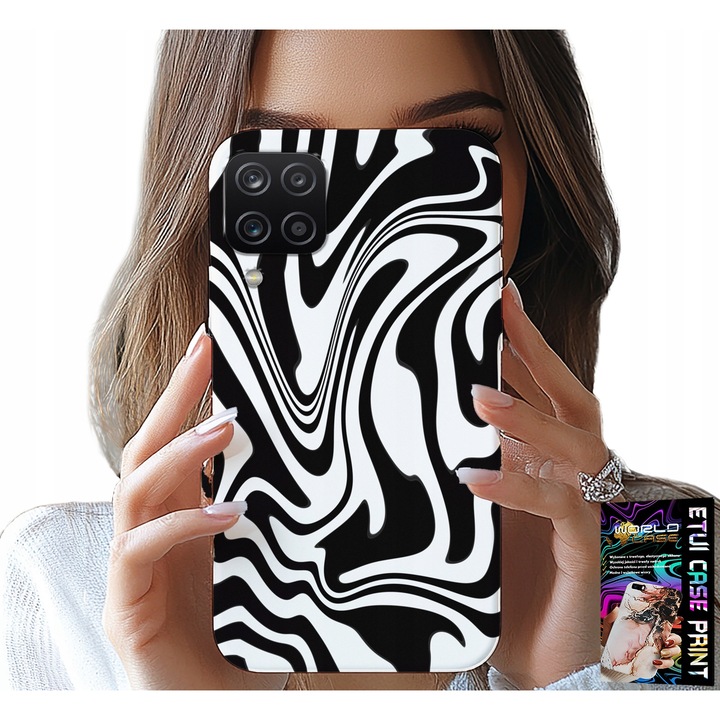 Tok Samsung A12/M12-hez, World Case, fekete-fehér absztrakt, szilikon, védőüveggel