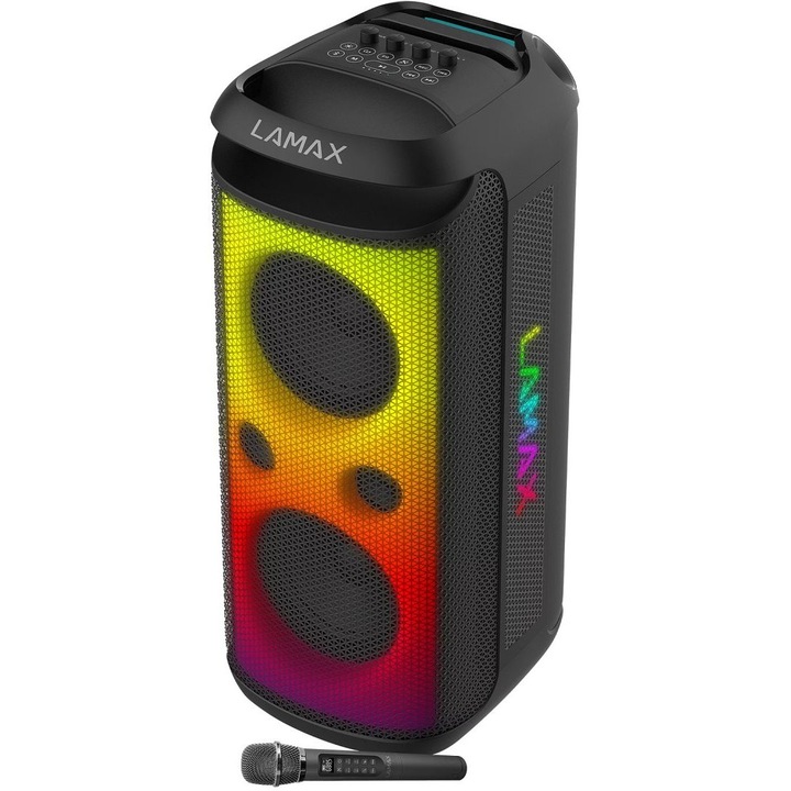 Boxa portabila Lamax PartyKing1 Max, 200W, Bluetooth, neagra, 20Hz-18kHz, cu microfon wireless, efecte LED