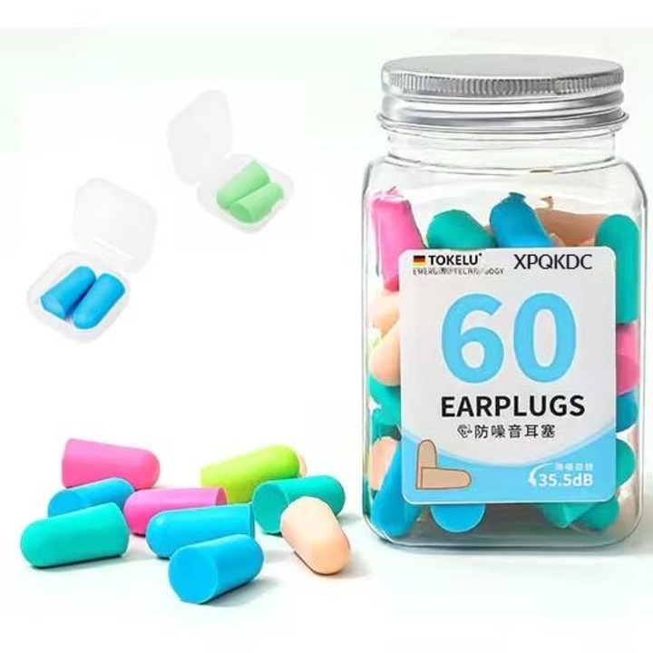 Комплект от 60 тапи за уши от пяна, 2 кутии за съхранение, 35.5 dB, многоцветни, 12x8x12см