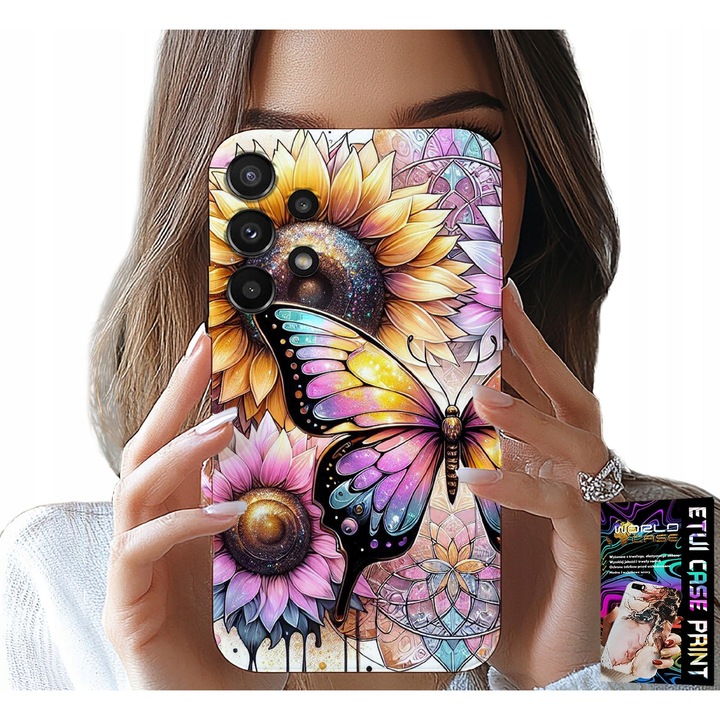 Husă pentru Samsung Galaxy A32 5G, World Case, design floarea soarelui cu fluture, set husă + folie, silicon