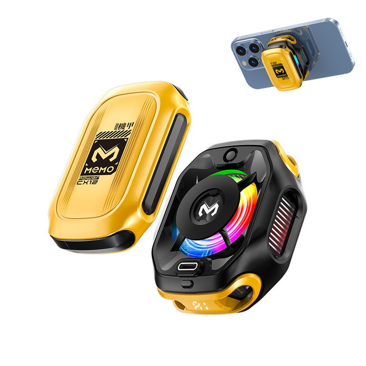 Cooler Magnetic Telefon, Wireless cu AI, Racire Instanta cu Semiconductor, Baterie Detasabila 2000mAh, RGB, Display Digital, Mod Inteligent, Compatibil Universal, OUYLAF, Negru-Galben