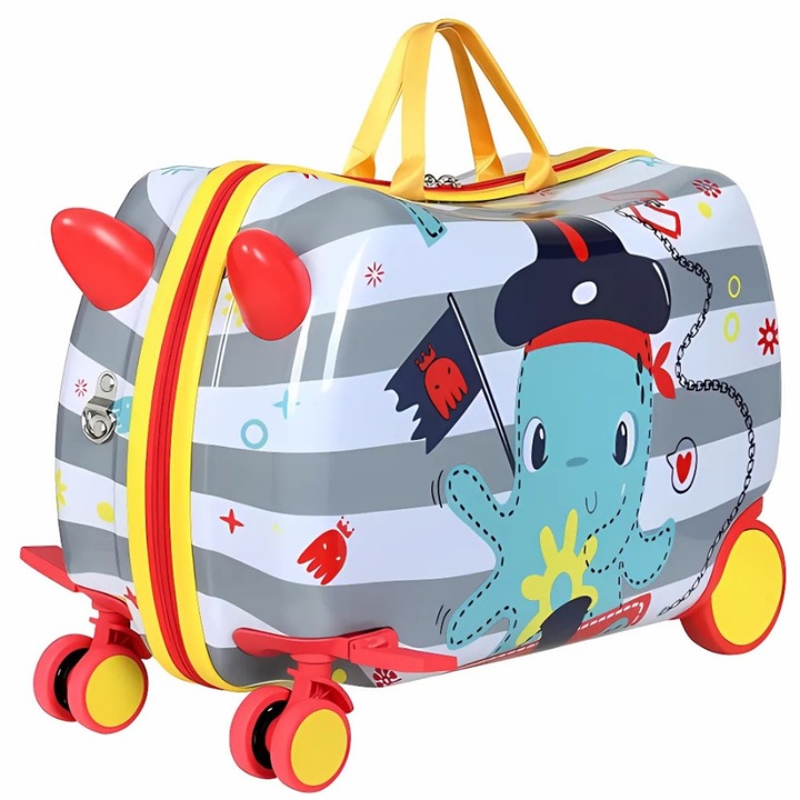 Детска пътна чанта Macvi RollyUP с функция седалка за разходка, 360° колела, множество отделения, удароустойчив корпус, водоустойчива, модел октопод