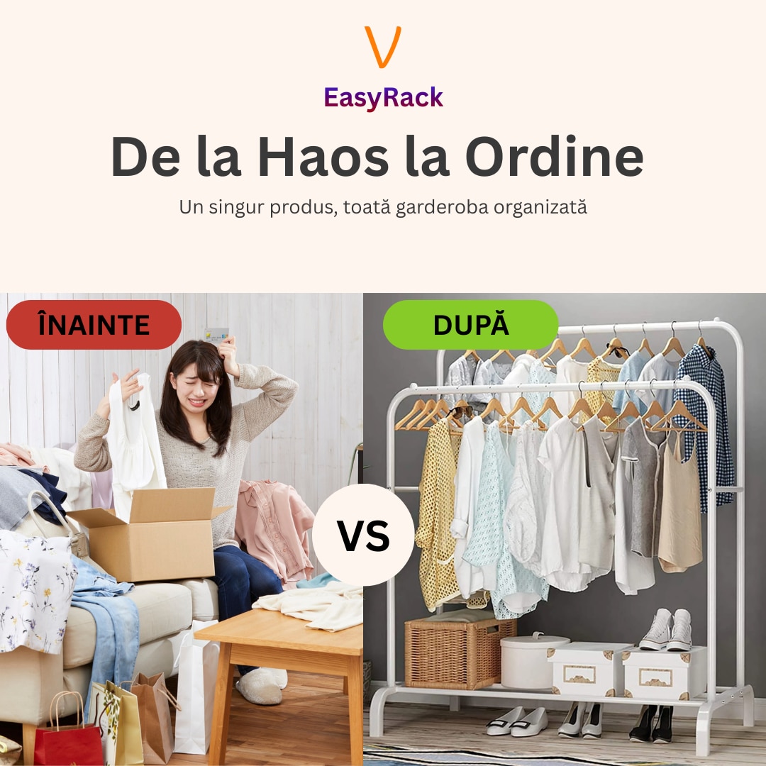 Fara Roti Suport Haine EasyRack Vivendo® Metalic cu 2 Bare, Protectii ...