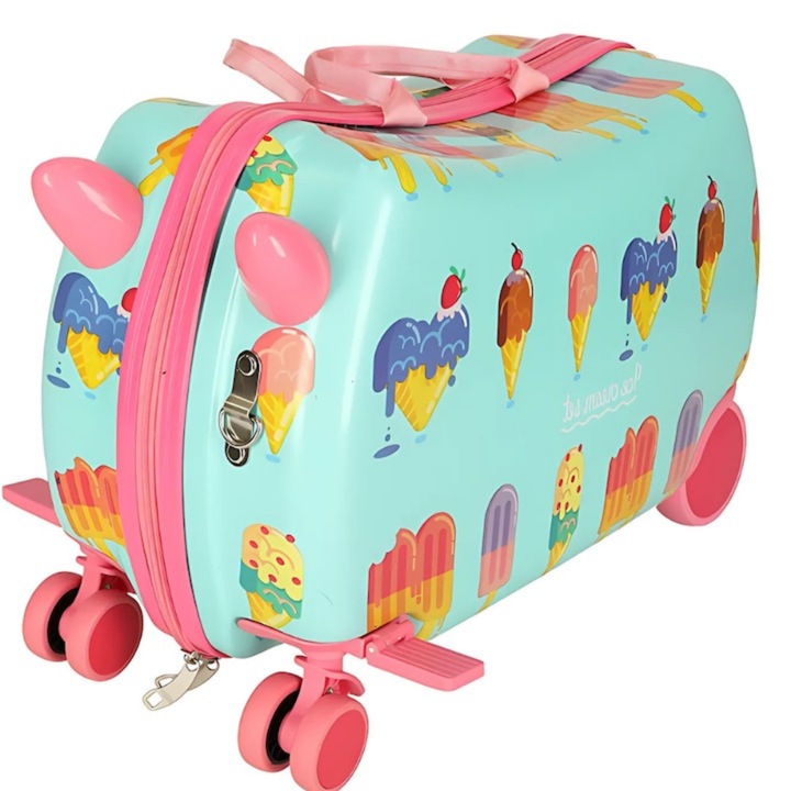 Чанта за пътуване за деца Macvi® с модел на сладолед, 28L, ABS устойчива на удар, функция столче, сгъваема поставка за крака, 360° колела, тюркоаз
