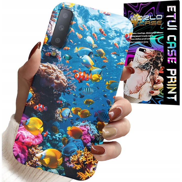 Etui pentru Samsung A7 2018, World Case, im compressie colorată pe fundal de pește, silicon