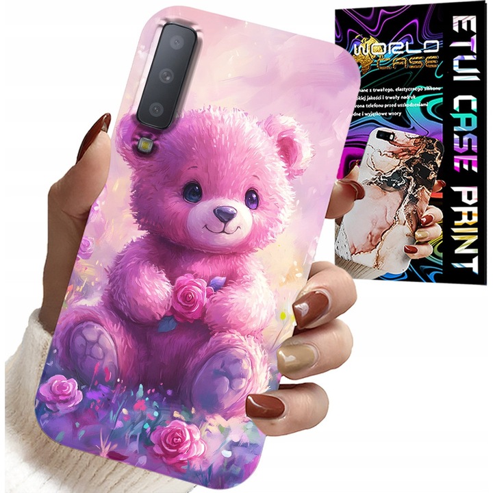 Carcasa pentru Samsung A7 2018, World Case, ursuleț pe fundal roz, silicon, set cu sticlă