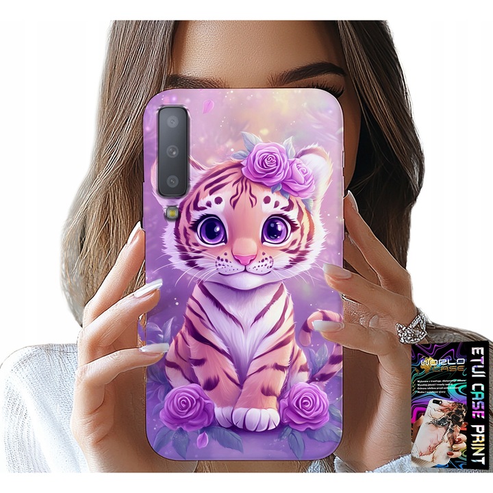 Carcasa pentru Samsung A7 2018, World Case, tigru dragut pe fond roz, silicon, etui