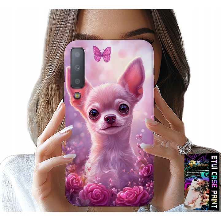 Carcasa telefon Samsung A7 2018, World Case, design Chihuahua pe fundal roz cu flori, silicon