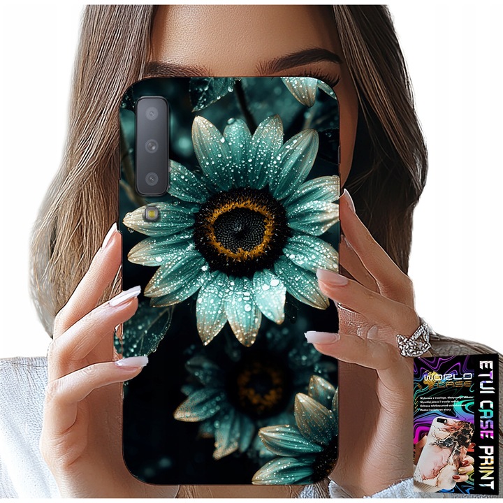 Carcasa pentru Samsung A7 2018, World Case, imprimeu gerbera, albastru, silicon