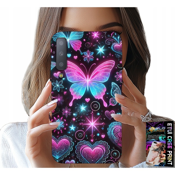 Caz pentru telefon Samsung A7 2018, World Case, design colorat fluture inimă, silicon